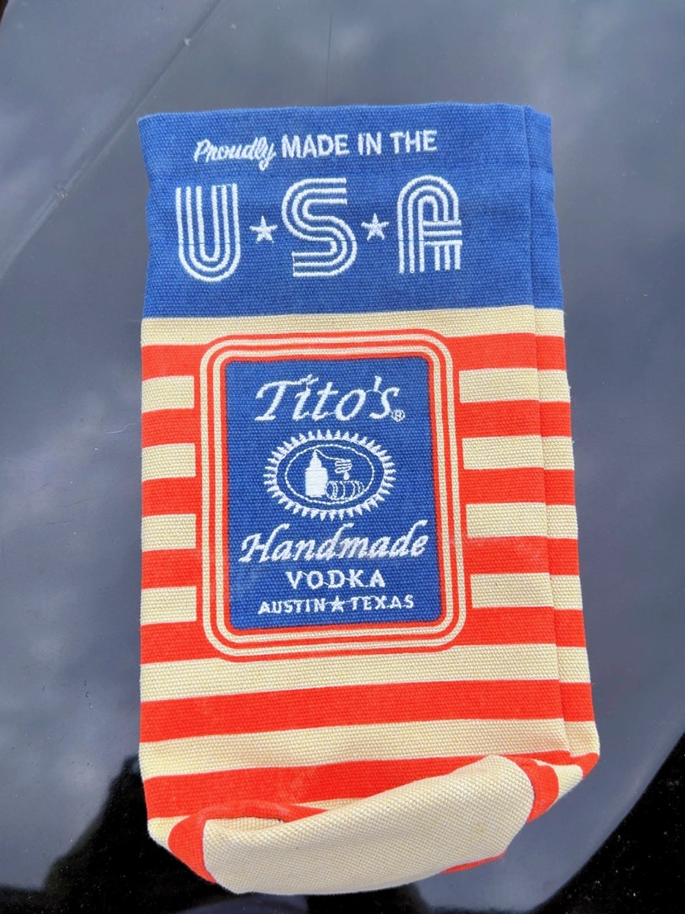 Tito’s Handmade Vodka Patriotic Bottle Sock Cover Red White Blue USA Promo